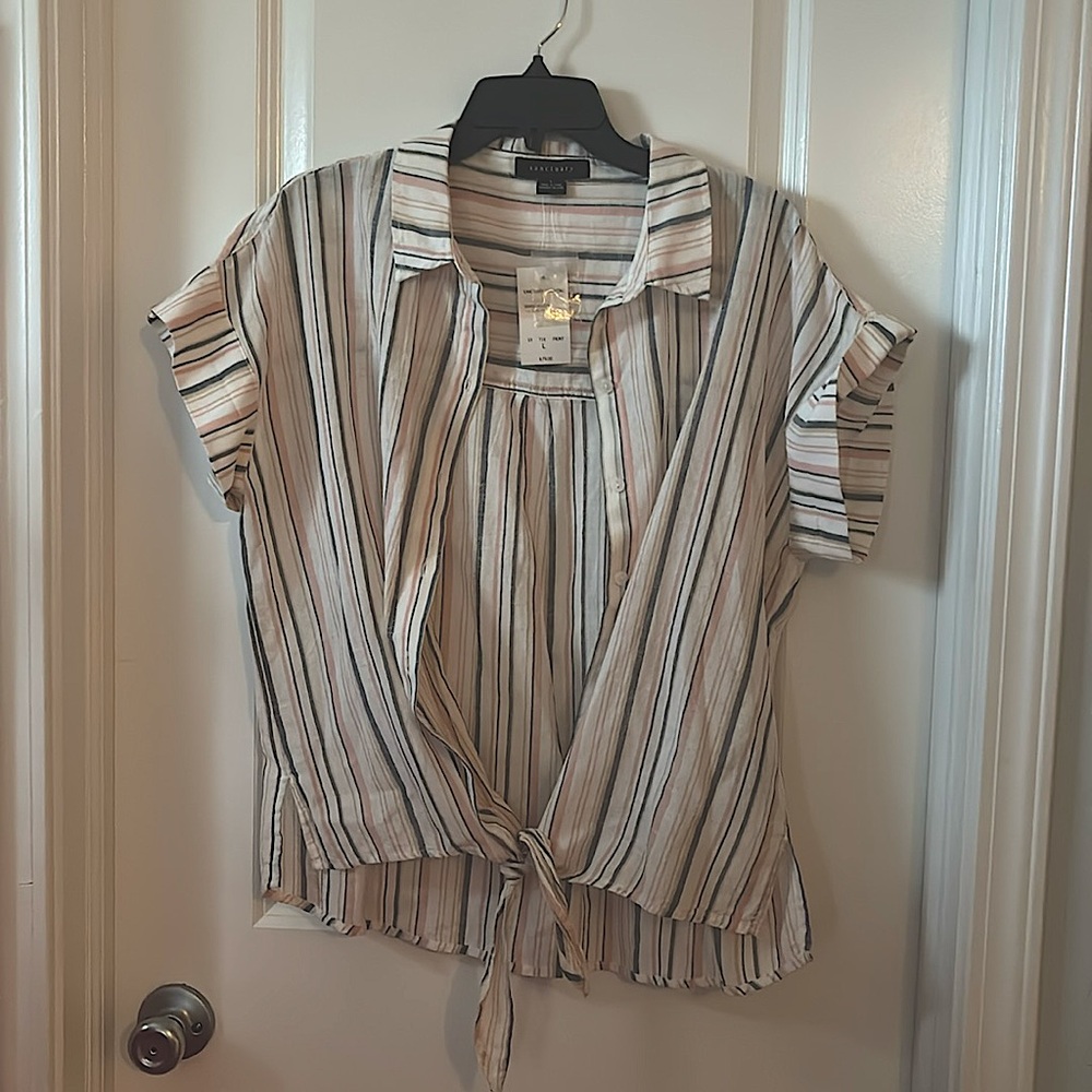 Sanctuary women’s pink/cream/blue front tie shirt